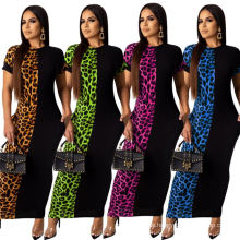 C4492 Casual summer lady sexy leopard print short sleeve patchwork maxi long dresses